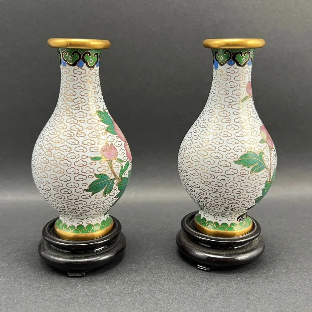Vintage Cloisonne Vases White Floral Pink Peony Wood Stands Pair 4